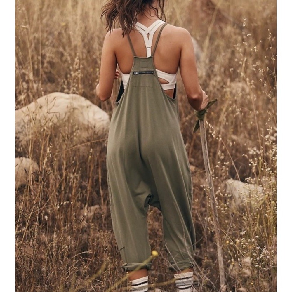 Free People FP Movement Hot Shot Pants Jumpsuit Green Relax Pants Harem L - Picture 2 of 8